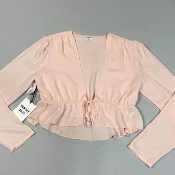 Aritzia Sunday Best Top Women S Pink Tie Front Blouse Plunge Feminine Romantic - Picture 2 of 5